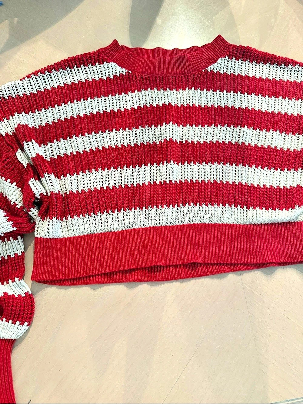 altered State Knit cropped Striped Sweater Cardigan Red & beige